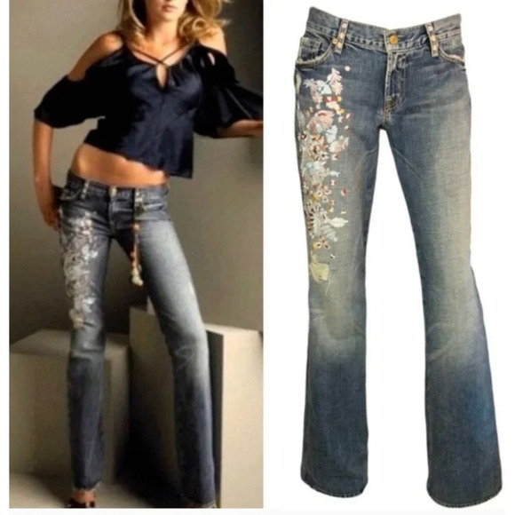 Zac Posen X 7 For All MAnkind Embroidered Low Waist Flared Jeans 31 - Picture 1 of 13
